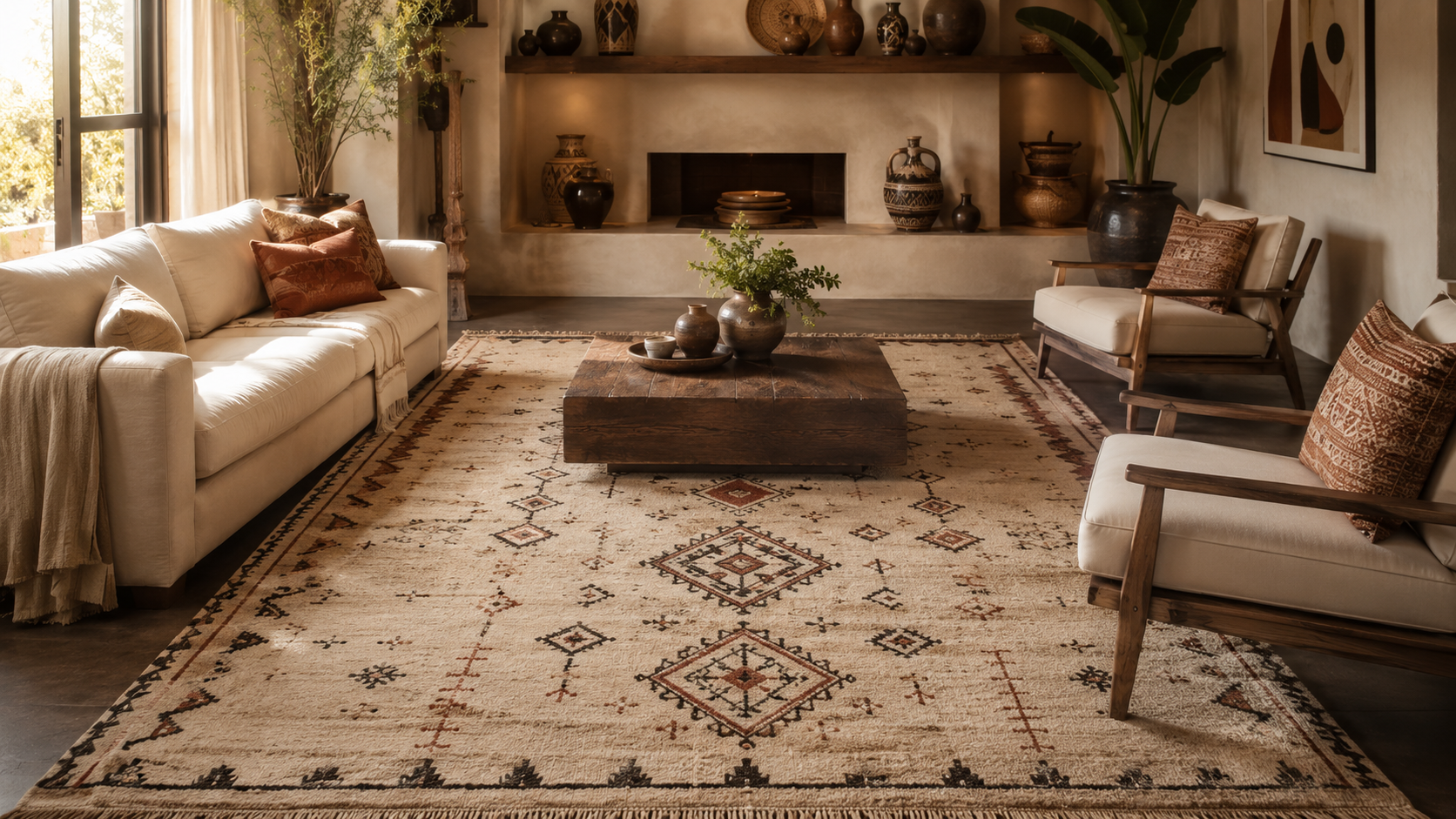 Warm earth tone living room with an Amazigh inspired geometric rug, camel leather and terracotta pottery